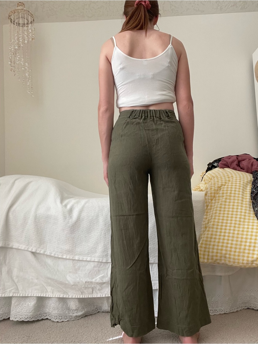 Olive Green Wide-Leg Linen-Blend Pants - Picture 2 of 7